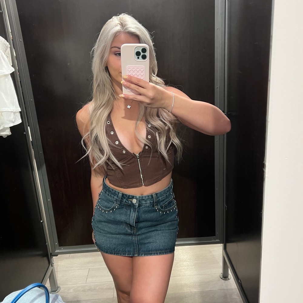 Women's Brown Zip-Front Crop Top
